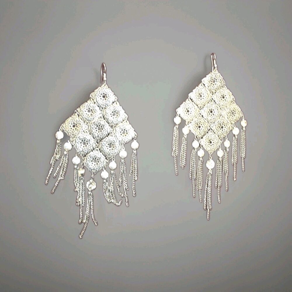 Vintage Silver Tone Filigree Chandelier Earrings 3" Lattice Tassel Rhinestones